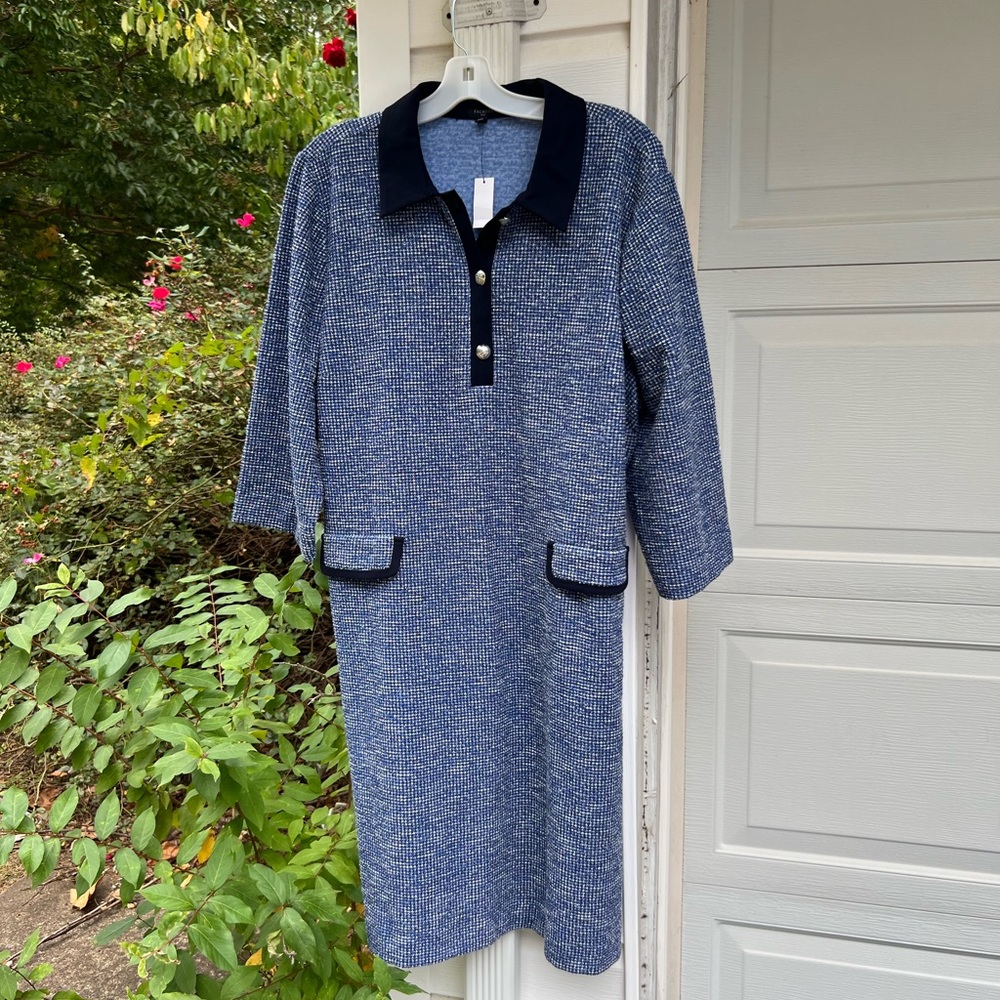 NWT Talbots Pretty Blues Woven With White Navy Collar Faux Pocket Dress